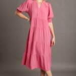 Umgee Solid Color A-Line Tiered Midi Dress with Piping Details in Rose Pink
