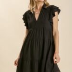 Umgee Black Linen Blend Tiered Dress with Ruffled Sleeves
