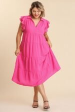 Umgee Tiered Midi Dress with Ruffled Sleeves in Hot Pink ON ORDER - Image 5